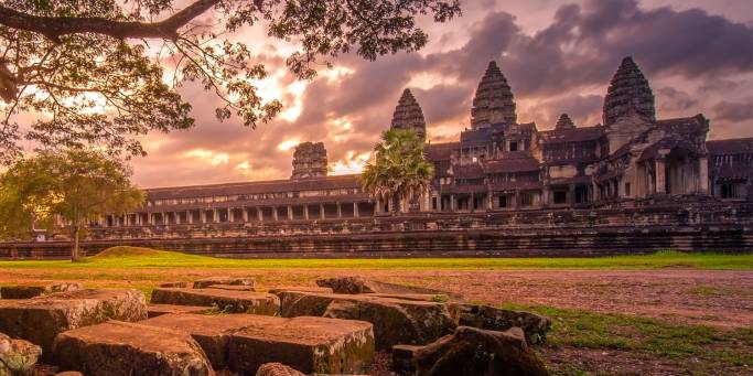 Dramatic sunset at Angkor Wat in Cambodia