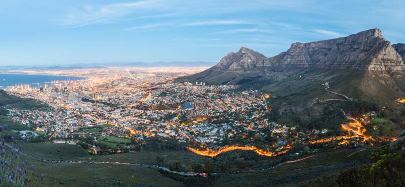 A panoramic view of Cape Town and Table Mountain in the background