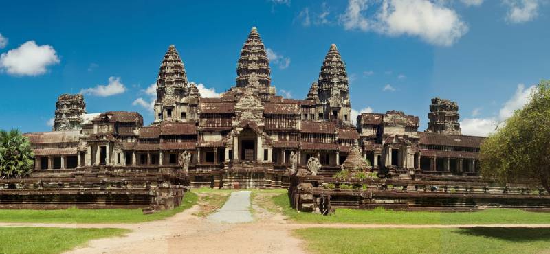Panoramic views of the spectacular Angkor Wat temple near Siem Reap in Cambodia