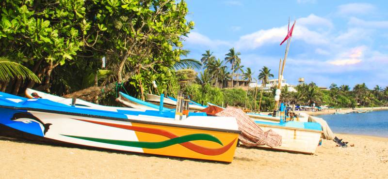 Colourful fishing boats line the sandy beaches of Bentota, Sri Lanka where we offer day tours and gu