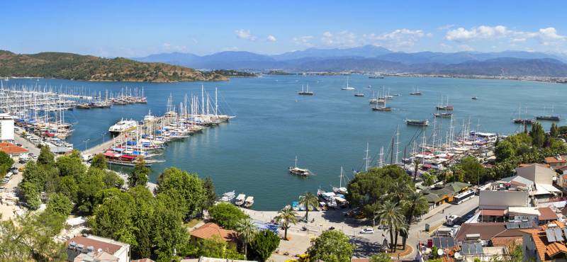 Panoramic view of Fethiye marina in Turkey where we offer a range of day tours and guided excursions