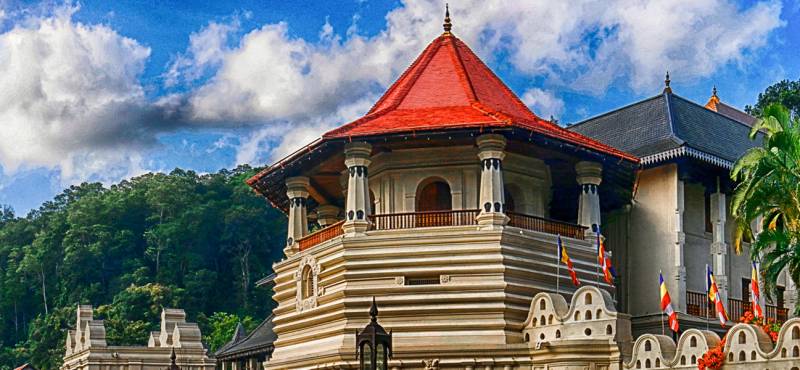View of the outside of the Temple Of The Sacred Tooth Relic in Kandy, Sri Lanka