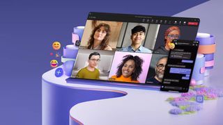 A promotional composite image for Microsoft Teams, showing the software running on a table and phone, surrounded by emojis