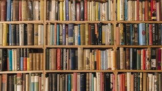 A stock photo of old books on shelves