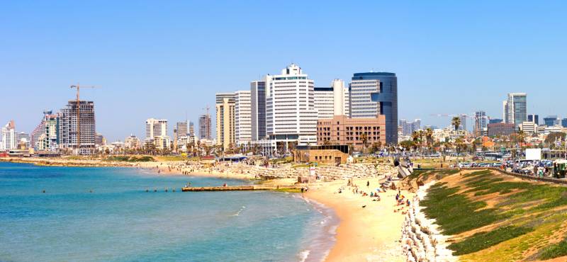Panoramic view of Tel Aviv and the coastline on a bright sunny day in Israel