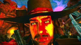 A bizarre, high-contrast close-up shot of Daniel from New Vegas' Honest Hearts DLC.